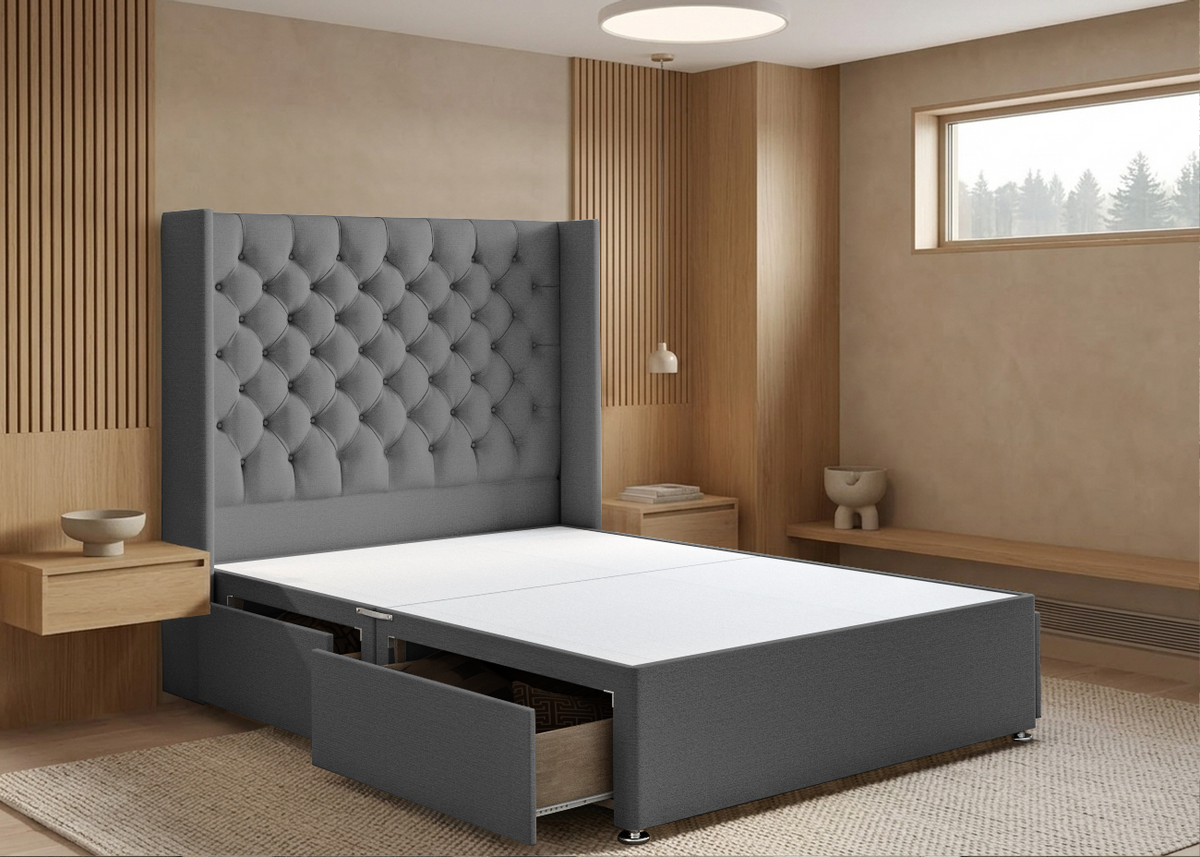 Chester Wing Divan Bed in Grey Plush