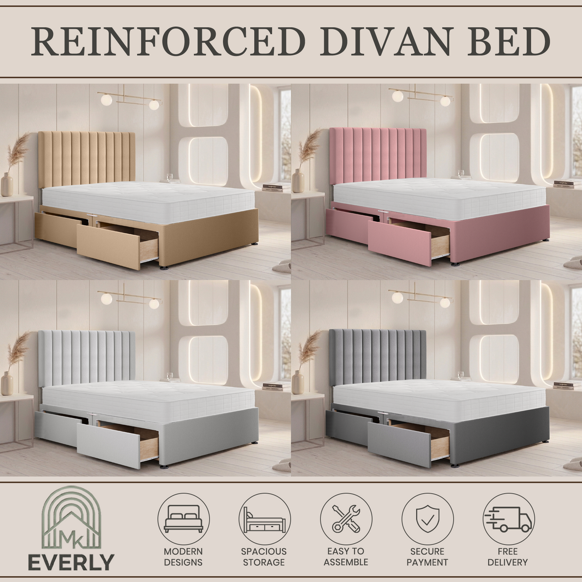 Stripe Divan Bed in Multiple Plush Colours