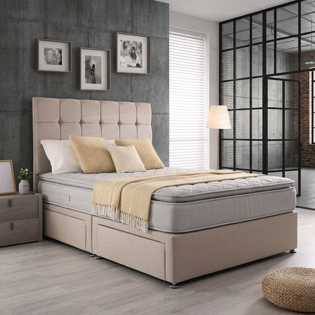 Cube padded divan bed with drawer storage