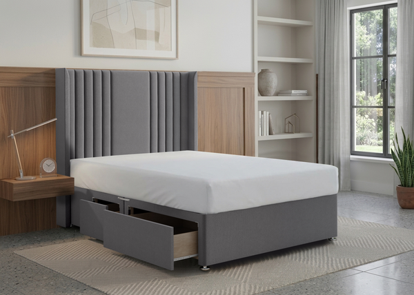 Designer Divan Bed in Grey Plush with Winged Design