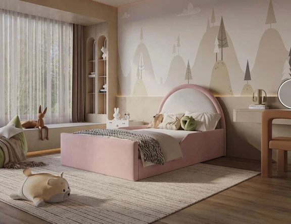 Haven single bed with round upholstered headboard